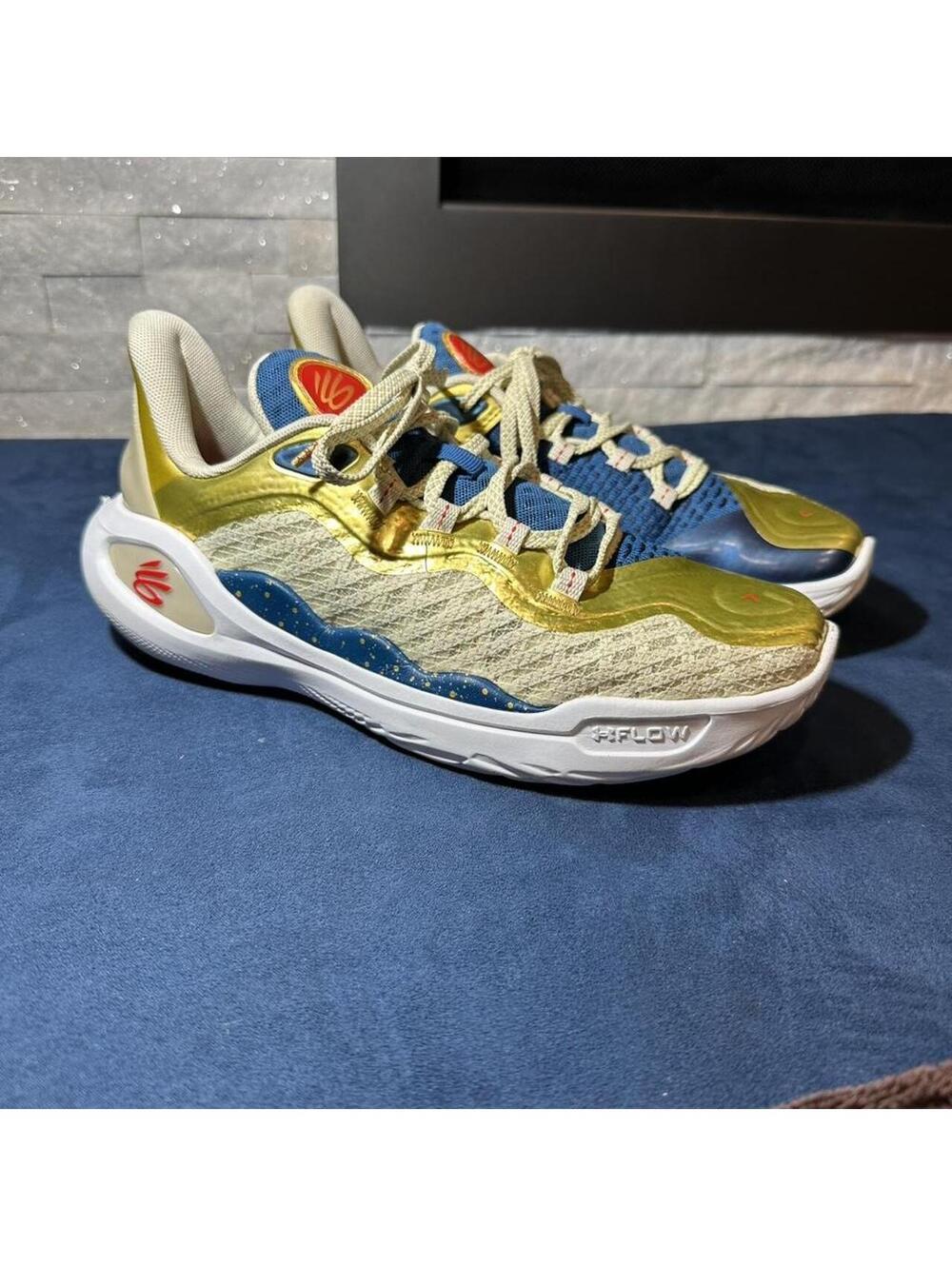 Under Armour Curry 11 Men’s 8 Women’s 9.5 Basketball Shoes Gold Blue 3026617-300